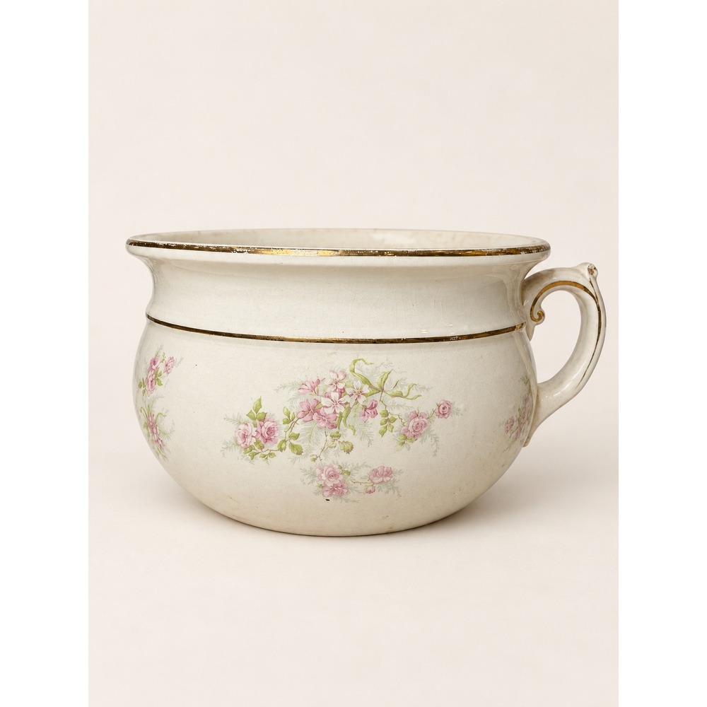 Vintage Made in England Floral Chamber Pot Pink Roses Gold Trim Ceramic Planter